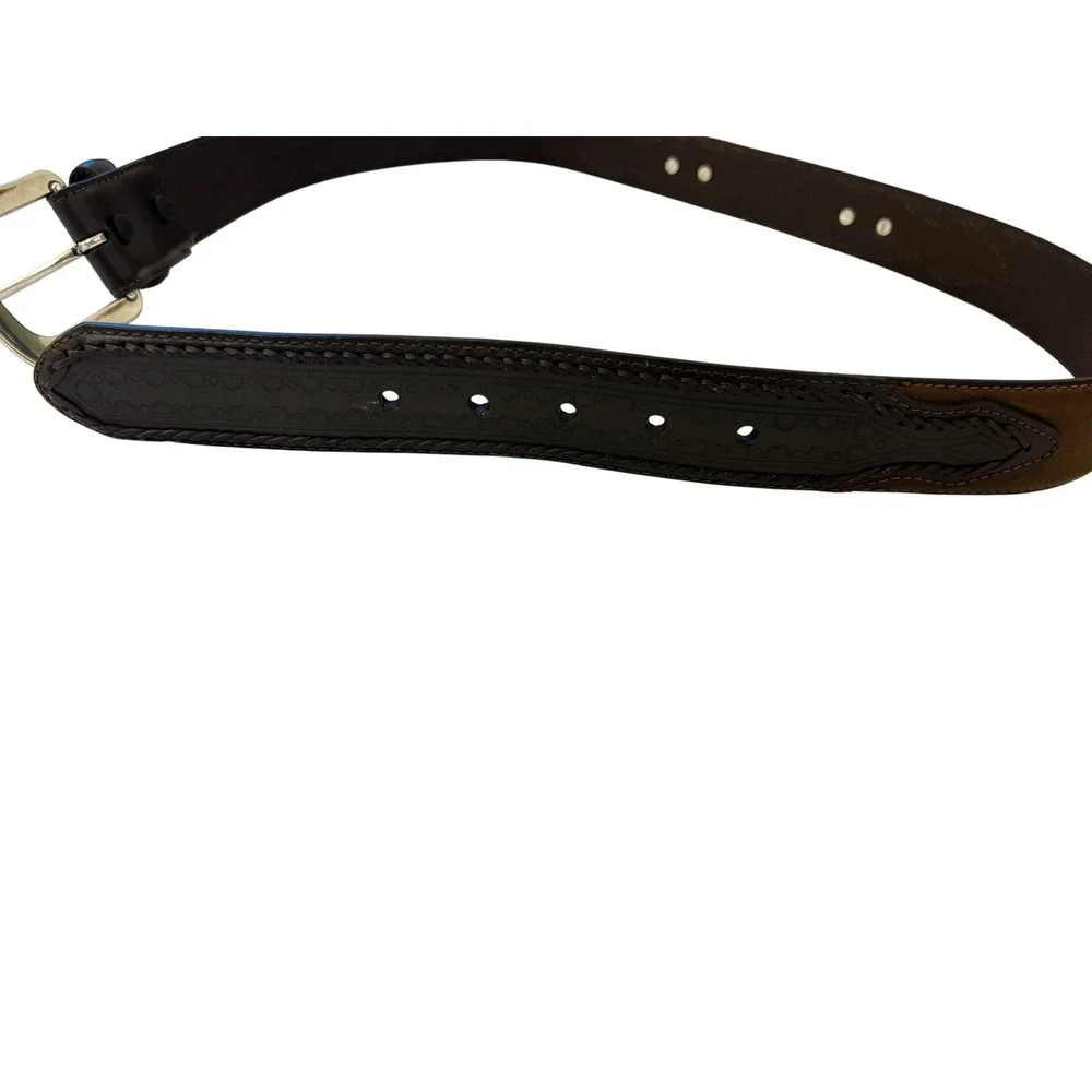 Mens Western Brown Black Genuine Leather Belt Engraved Silver Buckle Conchos